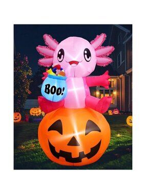 Halloween Inflatable Axolotl with Pumpkin and LED Lights for Outdoor Yard Decor